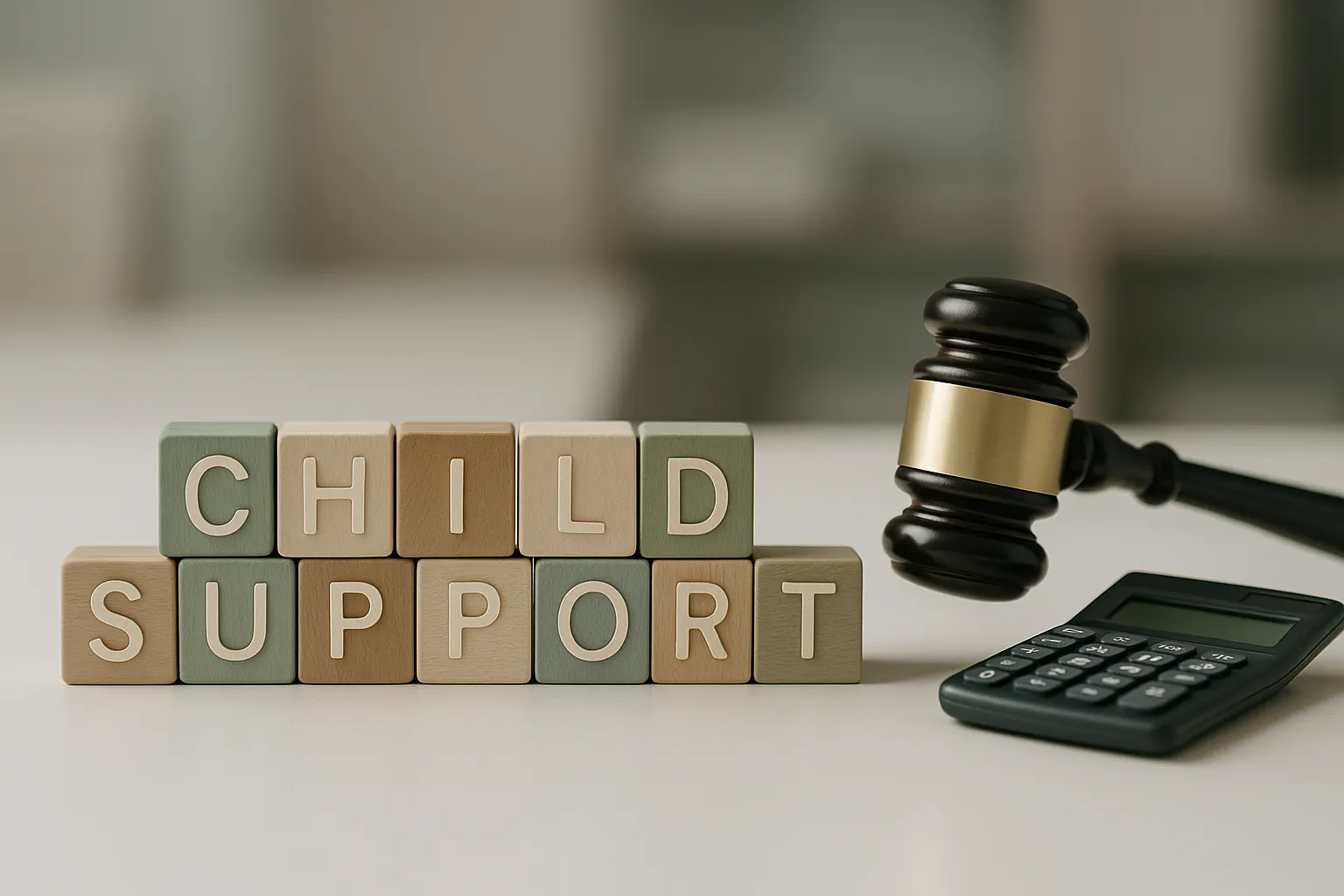 Wooden blocks spelling "Child Support" with a gavel and calculator.