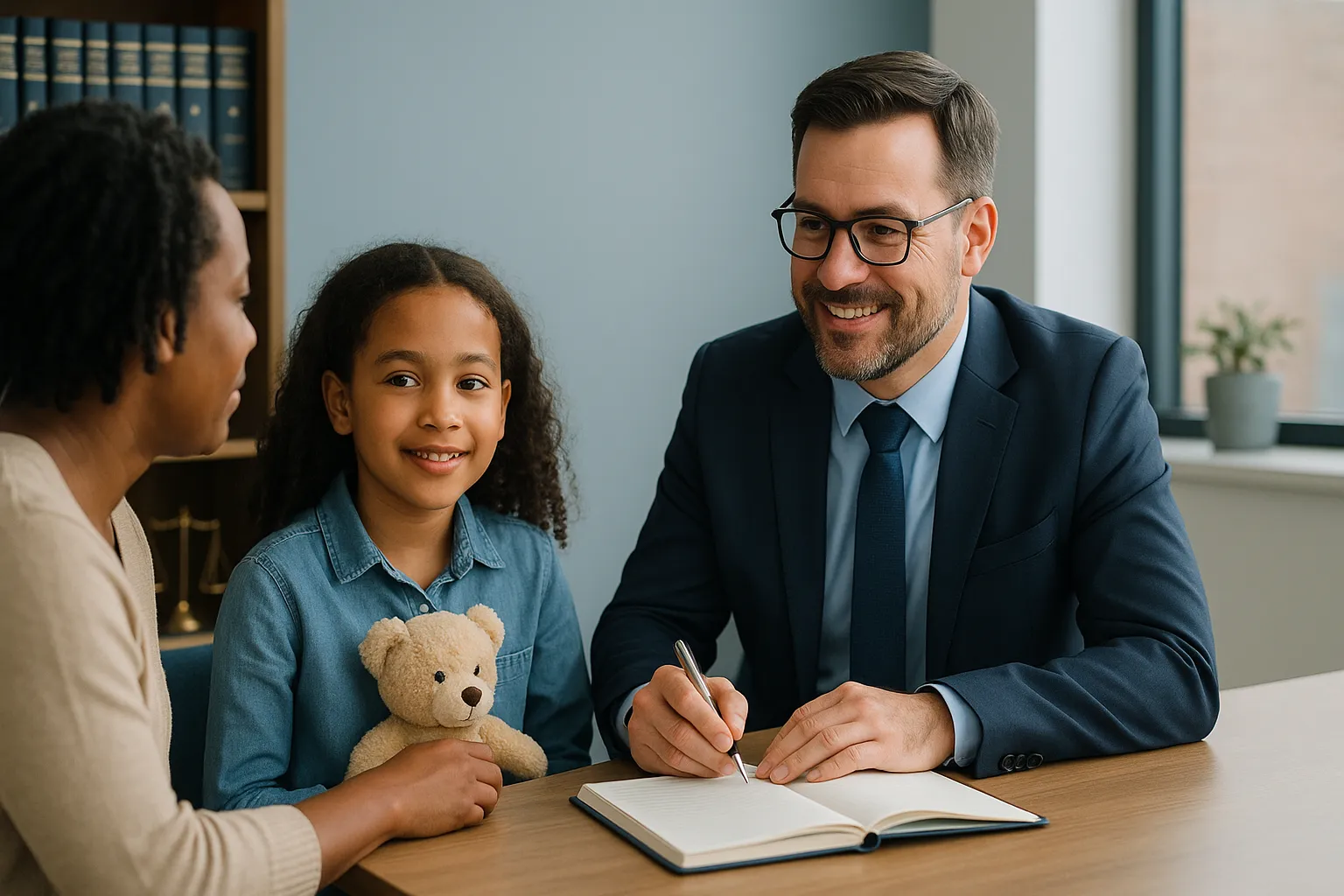 A lawyer talks with a woman and a child holding a teddy bear at a desk.