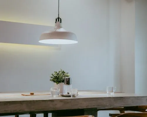 Minimalist dining area with a wooden table, pendant light, small plant, and clear glasses.