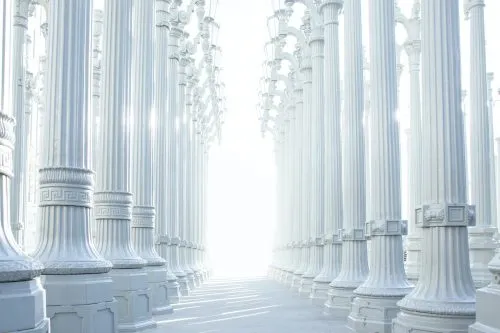 Rows of tall, white street lamps forming a corridor with bright light at the end.
