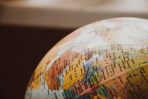 Close-up of a globe showing Europe and surrounding regions.
