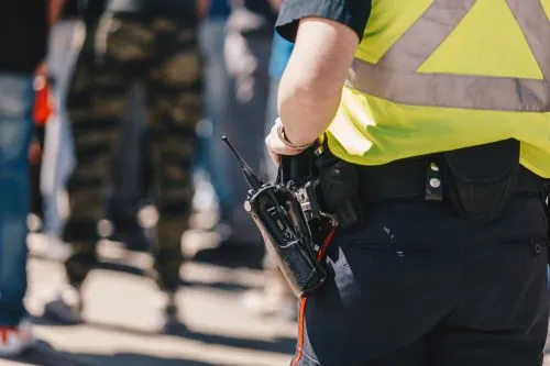 Security personnel with a radio stands near a crowd.