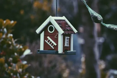 Small red and white birdhouse with a tiny ladder hanging outdoors.