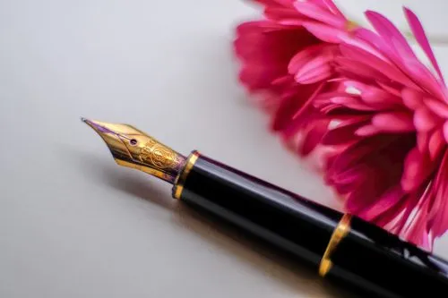 A fountain pen with a gold nib lies next to a vibrant pink flower.