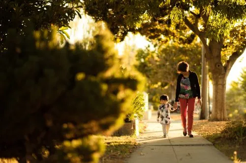 An adult and child walk hand in hand on a sunlit sidewalk lined with trees.