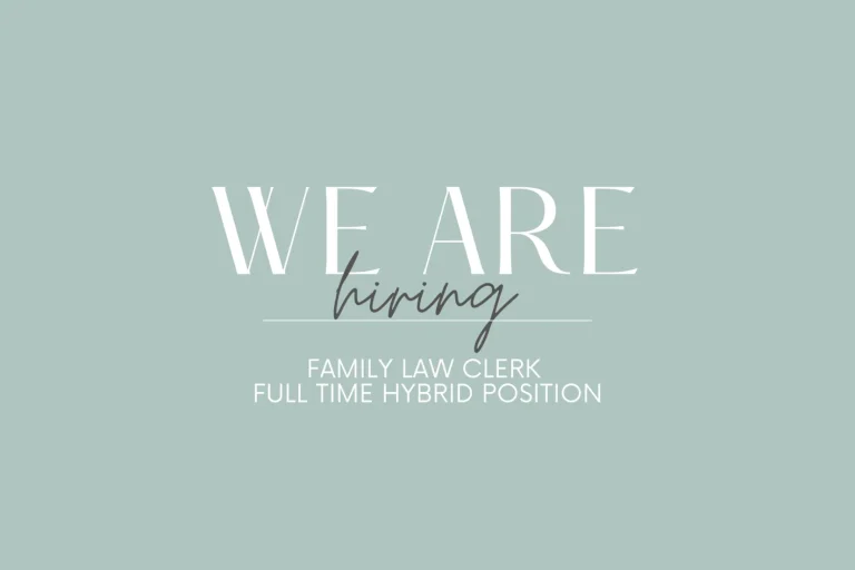 Text on a blue background announces a hiring for a Family Law Clerk, full-time hybrid position.