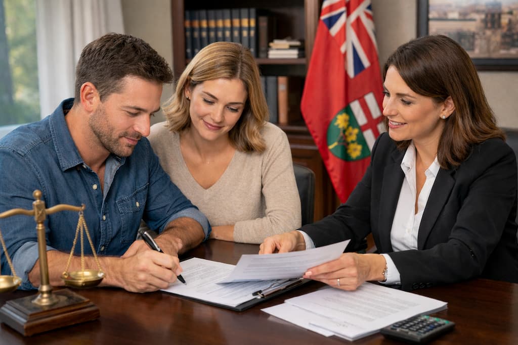 A couple completing paperwork in a lawyer's office.